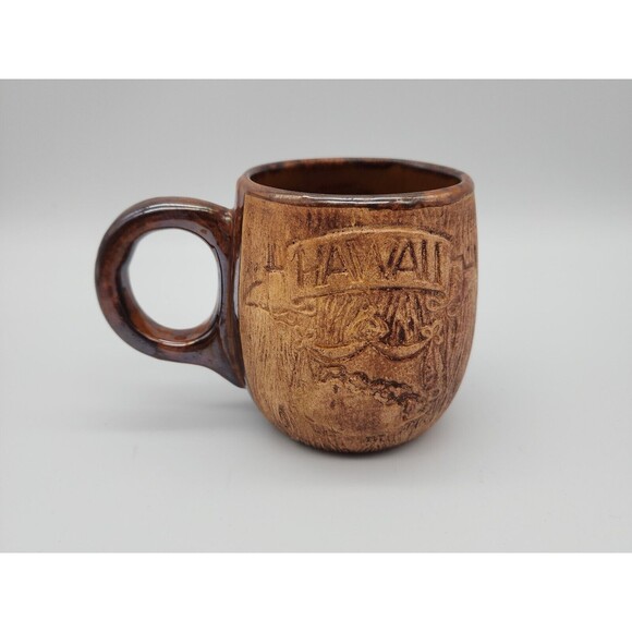 Vintage Brown Glaze Pottery Hawaii Coffee Mug Engraved HAWAIIAN Islands - Picture 1 of 12
